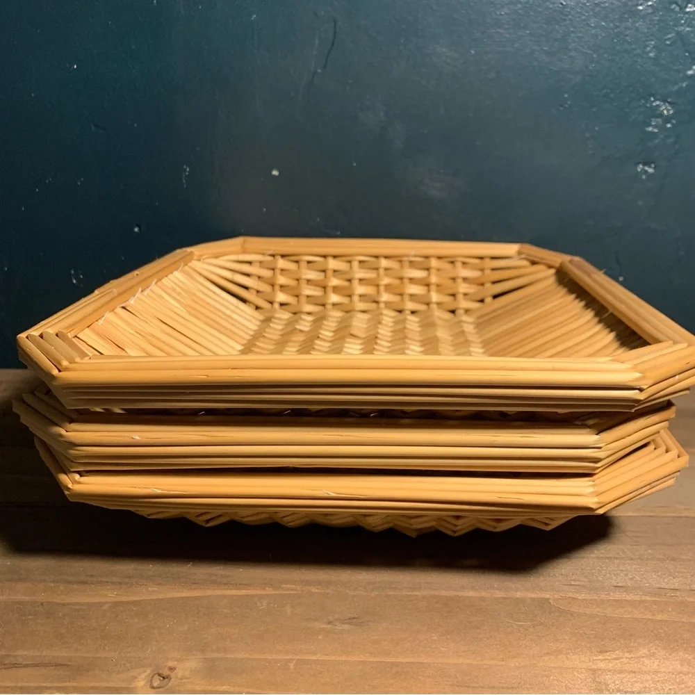 Set 3 Vintage Square Basket Trays Table  Wall Hanging Bread Woven Sewn Wicker